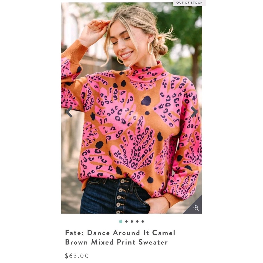 Fate Dance Around It Pink Camel Brown Mixed Print Sweater Floral Boutique NEW